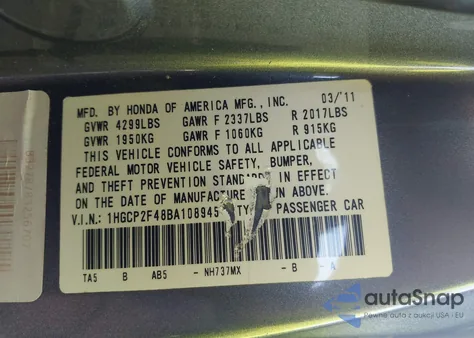 2011 Honda Accord 2.4 Lx-P from USA, damaged, VIN 1HGCP2F48BA108945
